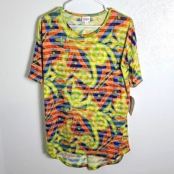 LuLaRoe Tops - LulaRoe High-Low Irma Top, Yellow, Blue & Orange, Fabric Stripes, Size XXS, NWT